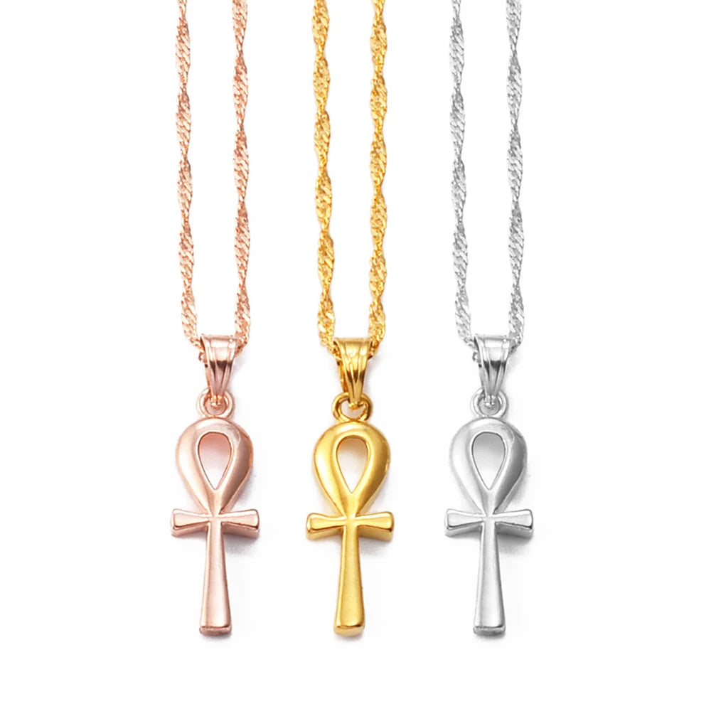 Anniyo 2.5cm Egyptian Ankh Cross Pendant Necklace Woman Gold Color/Silver Color African Charms Jewelry Egypt Hieroglyphs @057006