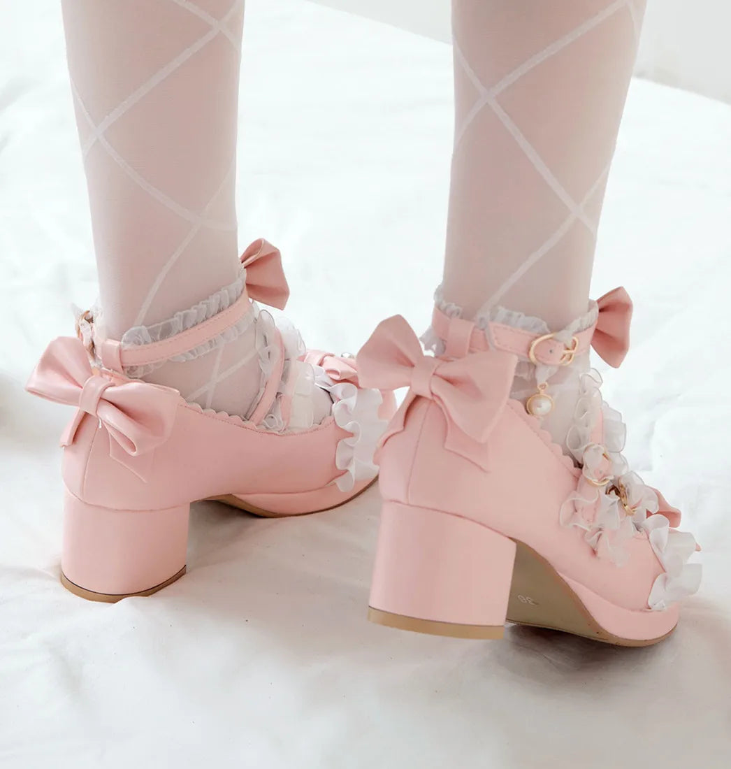 2024 Women High Heels Cross Strap Mary Jane Pumps Party Wedding White Pink Black Ruffles Bow Princess Cosplay Lolita Shoes 31-43