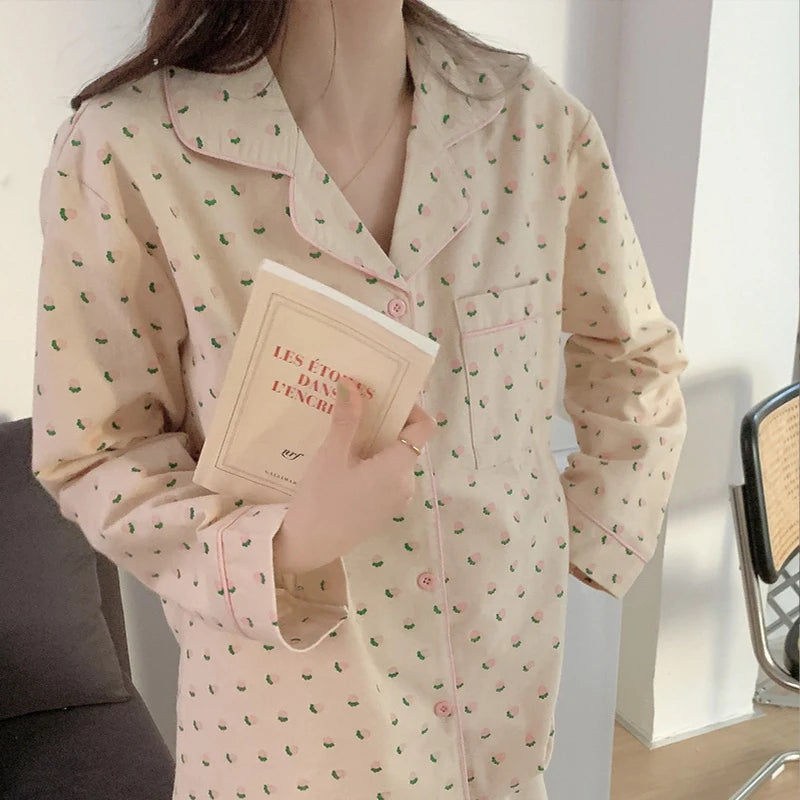 Cotton Sleepwear Korean Pajamas Women Autumn Cute Heart Print Pyjamas Long Sleeve Pijama Female Set Negligee Cardigan Suit