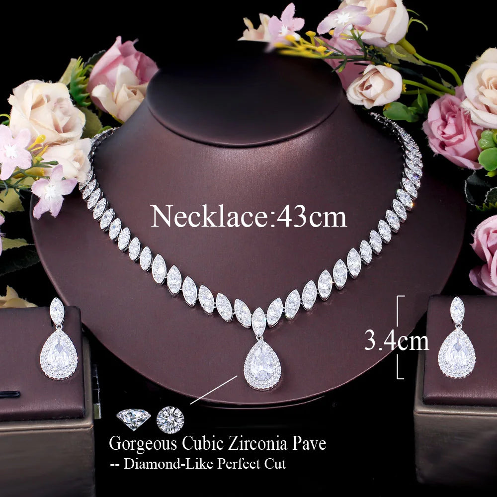 CWWZircons Water Drop Cubic Zirconia Wedding Necklace and Earrings Luxury CZ Crystal Bridal Jewelry Sets for Bridesmaids T109