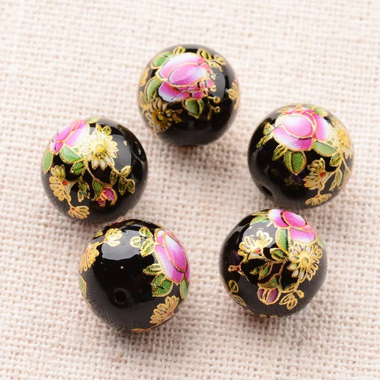 5 Pcs 12mm Flower Picture Printed Glass Round Beads for DIY Jewelry Making Necklaces Bracelets Accessories Decoration Hole: 1mm