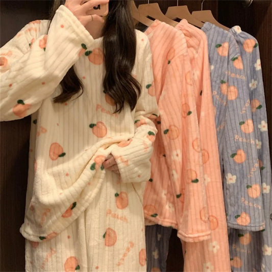 Autumn Winter Warm Flannel Fleecing Women Pyjamas Sets Thick Coral Velvet Long Sleeve Cartoon Sleepwear 2pcs Flannel Pajamas Set