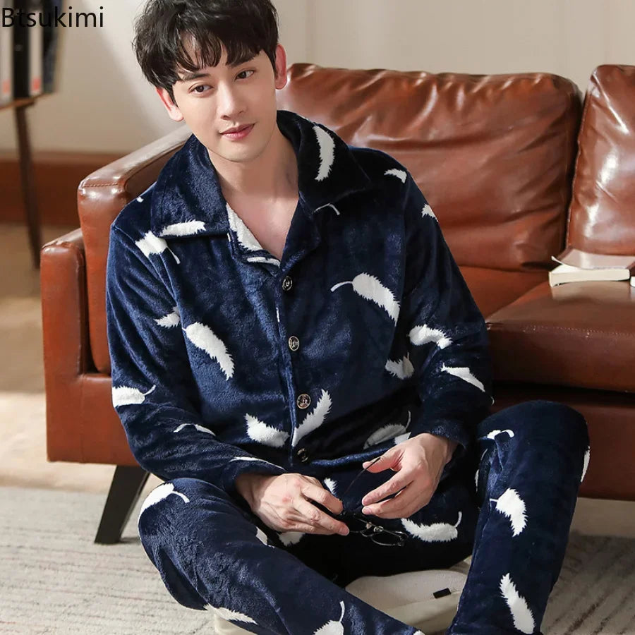 New Flannel 2 Piece /Set Pajamas Sets for Men Winter Thick Warm Long Sleeve Home Clothes Sleepwear Suit Turn-Down Collar Pyjamas