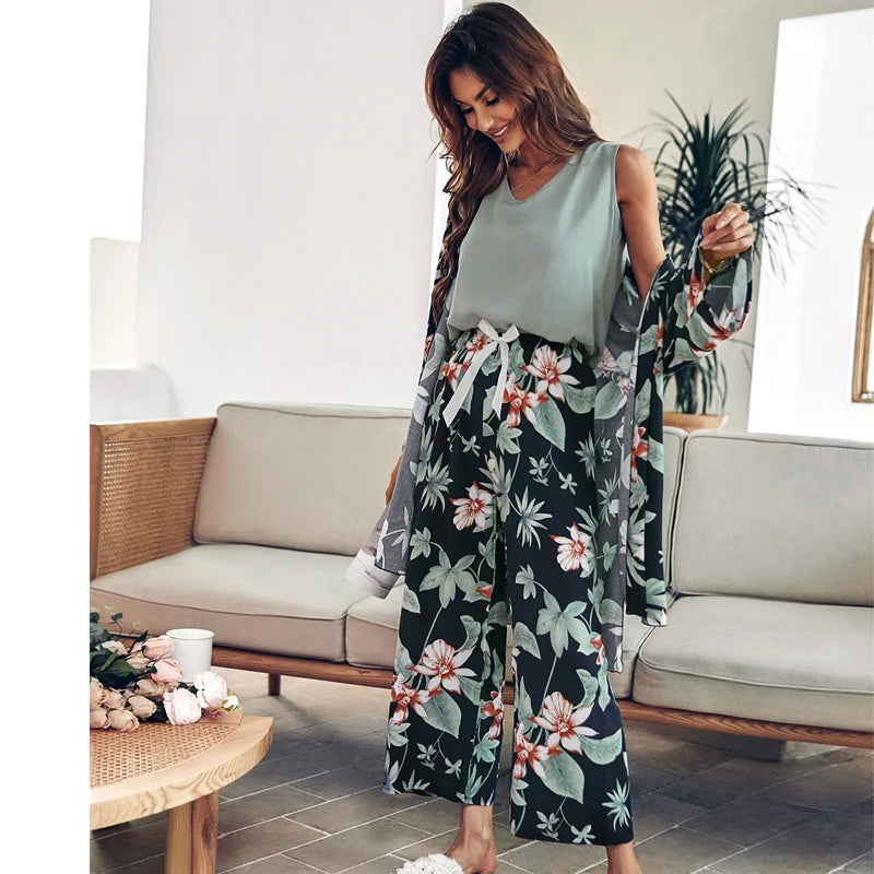 Hot Sale 3 Pcs Women Pajamas Set Viscose Floral Printed Female Pyjama Loose Sleepwear Nightwear Spring Summer Lounge Wear