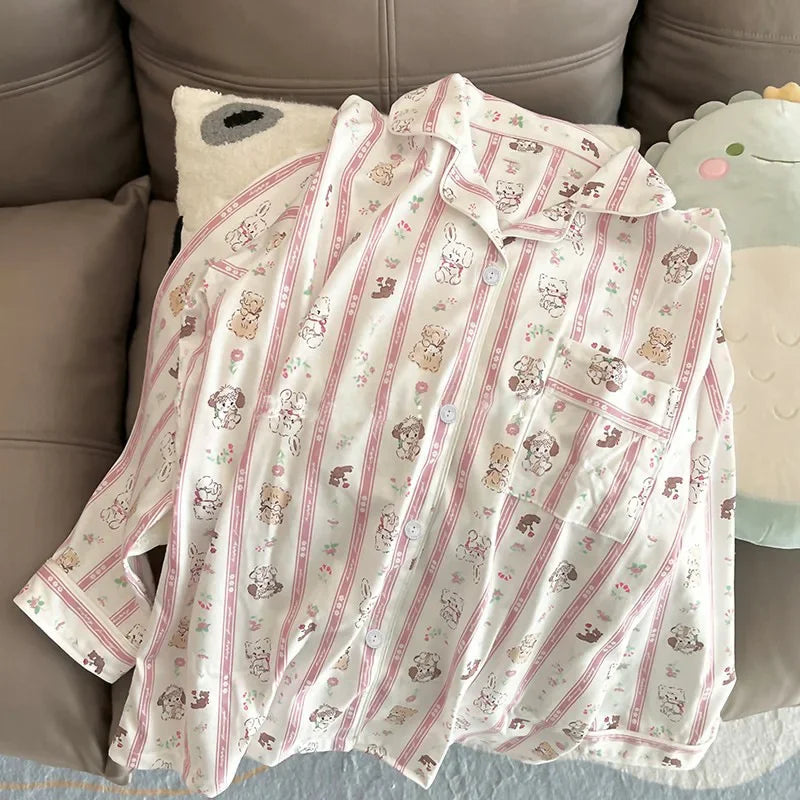 Japanese Sweet Cartoon Cute Cat Striped Pajamas Women's Long Sleeve Spring/Summer New Korean Homewear Satin Silk Pyjamas Suit