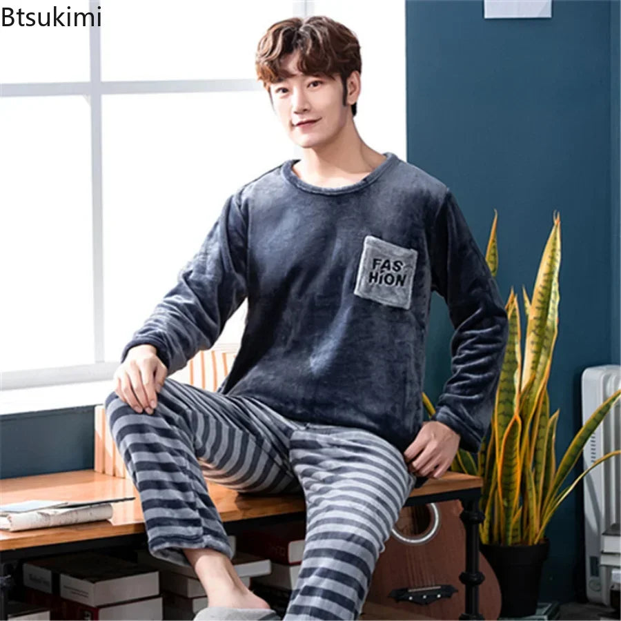 New 2024 Autumn Winter Long Sleeve Thick Warm Flannel Pajama Sets for Men Coral Velvet Soft Sleepwear Suit Pyjamas Homewear Male