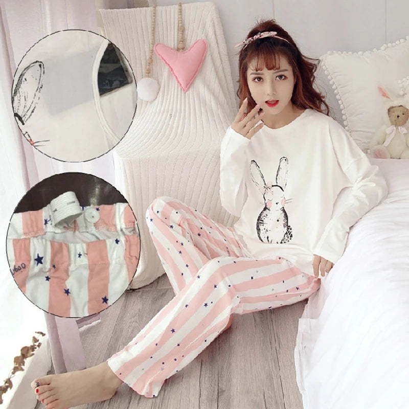 Women Nursing Pyjamas Homewear Spring Autumn Maternity Pajamas Set Cute Breastfeeding Clothes Long-sleeved Pregnancy Sleepwear