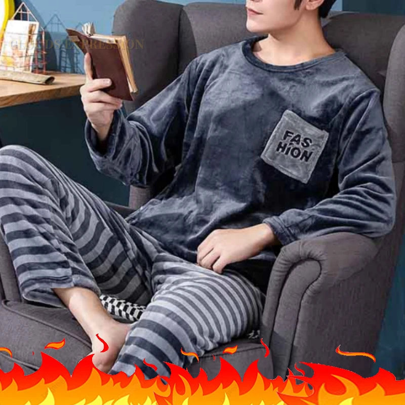 Autumn Winter Flannel Boy Sleepwear Thermal Velvet Feather Print Men's Pajama Sets Casual Pjs Male Loungewear Pyjamas Nightwear