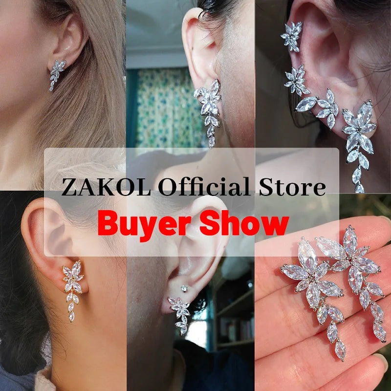 ZAKOL Fashion Leaf Zircon Wedding Earrings for Women White Gold Color Marquise Crystal Bridal Earring Party Jewelry Gift