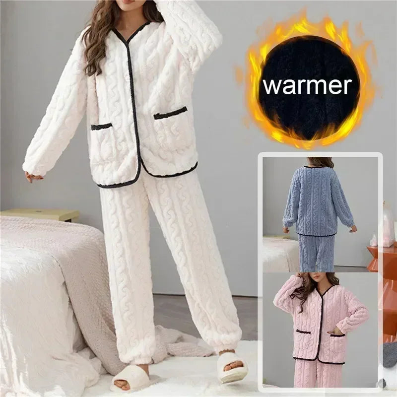 Women Thick for Set Flannel Pijamas Winter Sets Warm Pajamas Pyjamas Fleece Coral Long Pajama Sleepwear Girl