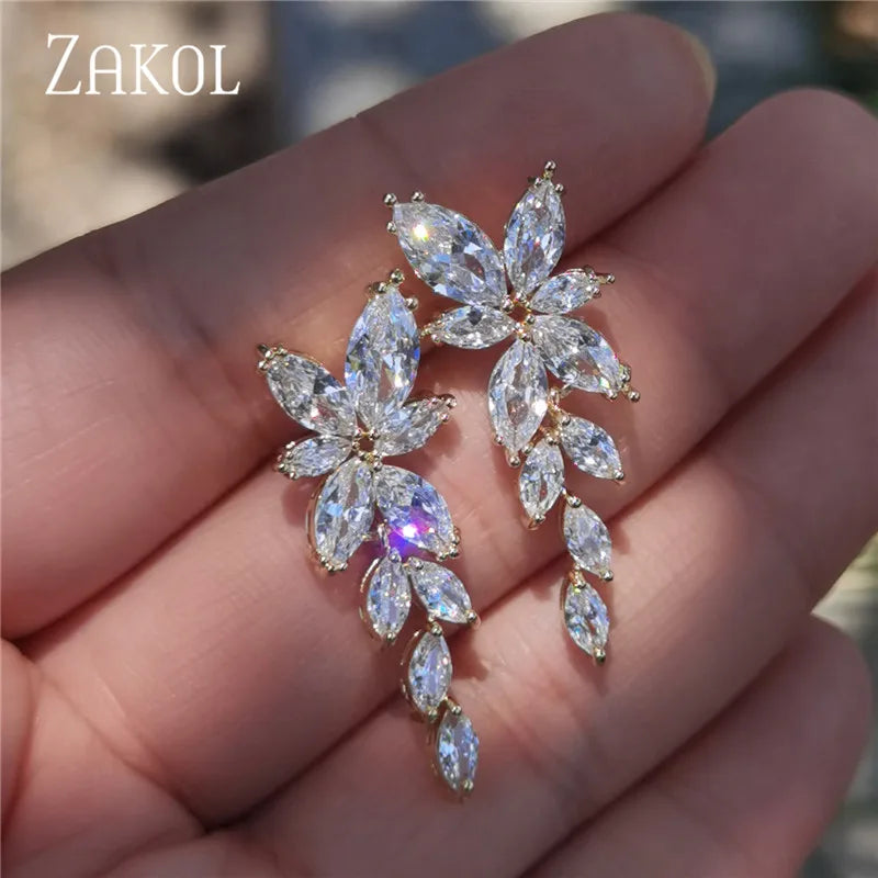 ZAKOL Fashion Leaf Zircon Wedding Earrings for Women White Gold Color Marquise Crystal Bridal Earring Party Jewelry Gift