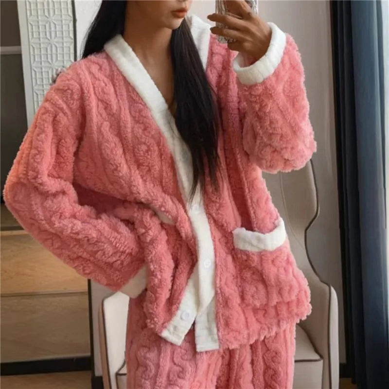 Women Pyjamas Sets 2023 Autumn Winter Warm Flannel Thick Homewear Long Sleeve Cartoon Sleepwear Female Pajamas Suit