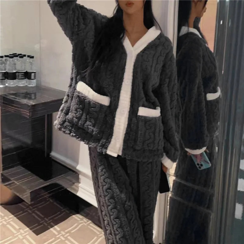 Women Pyjamas Sets 2023 Autumn Winter Warm Flannel Thick Homewear Long Sleeve Cartoon Sleepwear Female Pajamas Suit