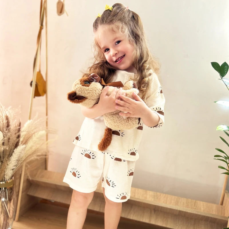 Baby Pajamas Set for Girls Boy Kids Short Sleeve Print Sleepwear Breathable Cotton Waffler Home Clothes Children Pyjamas 2PCS