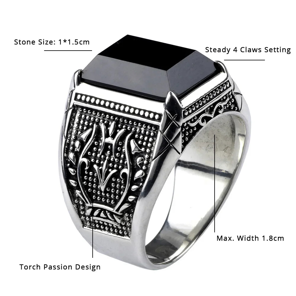 Real Pure 925 Sterling Silver Mens Signet Rings With Black Onyx Natural Stone Retro Flower Engraved Punk Rock Vintage Jewelry