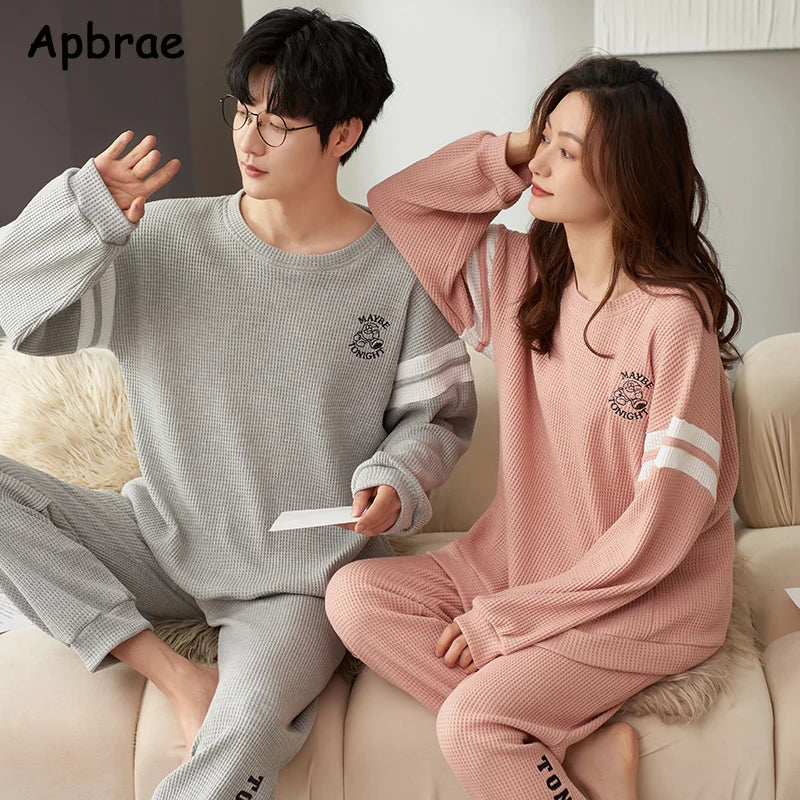 New Autumn Winter Waffle Cotton Pyjamas Long Sleeves Long Pants Pajama Sets Couple Pijamas O-Neck Leisure Sleepwear for Lovers