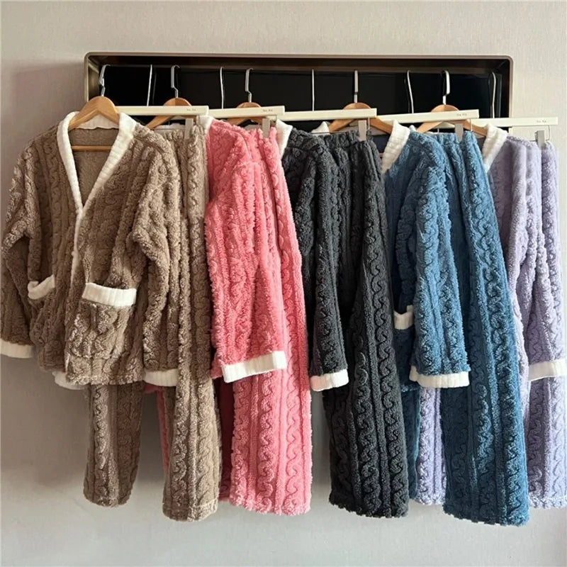 Women Pyjamas Sets 2023 Autumn Winter Warm Flannel Thick Homewear Long Sleeve Cartoon Sleepwear Female Pajamas Suit