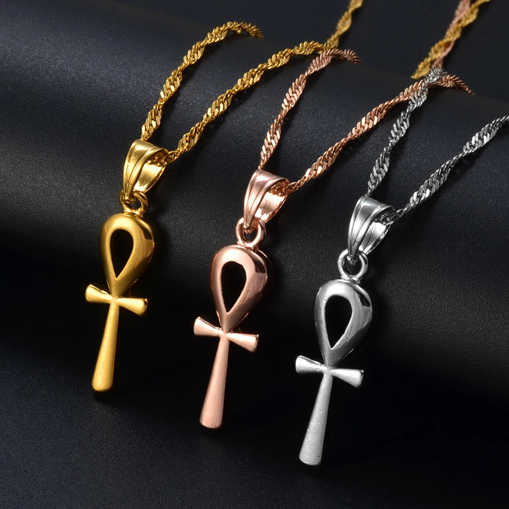 Anniyo 2.5cm Egyptian Ankh Cross Pendant Necklace Woman Gold Color/Silver Color African Charms Jewelry Egypt Hieroglyphs @057006