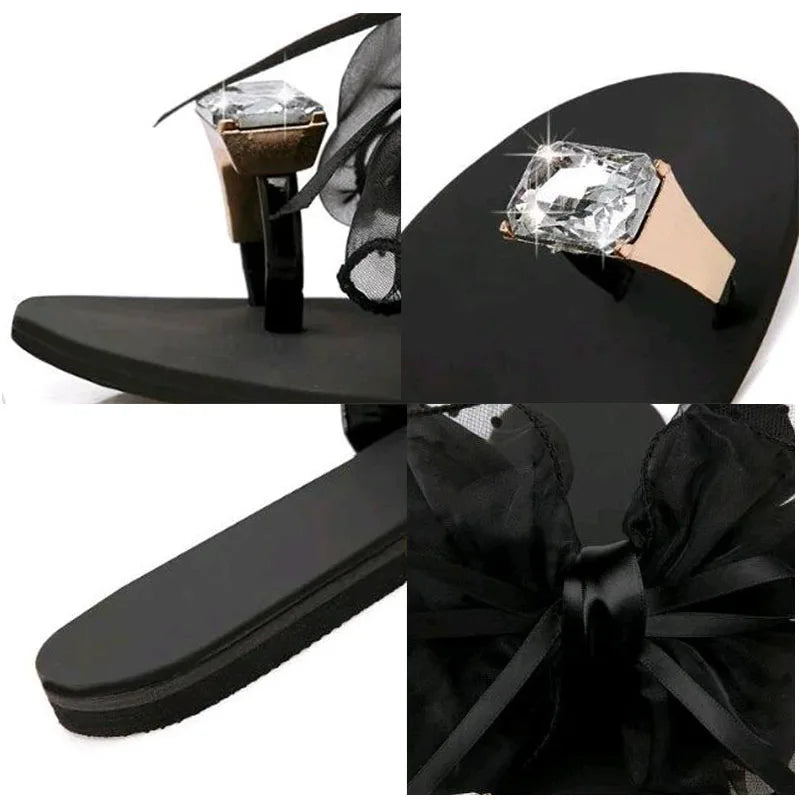 Luxury Celebrities Slippers Women Larger Rhinestone Ring Toe Cute Polka Dot Bow-tie Flats Flip Flops Indoor Shoes Ladies Sexy