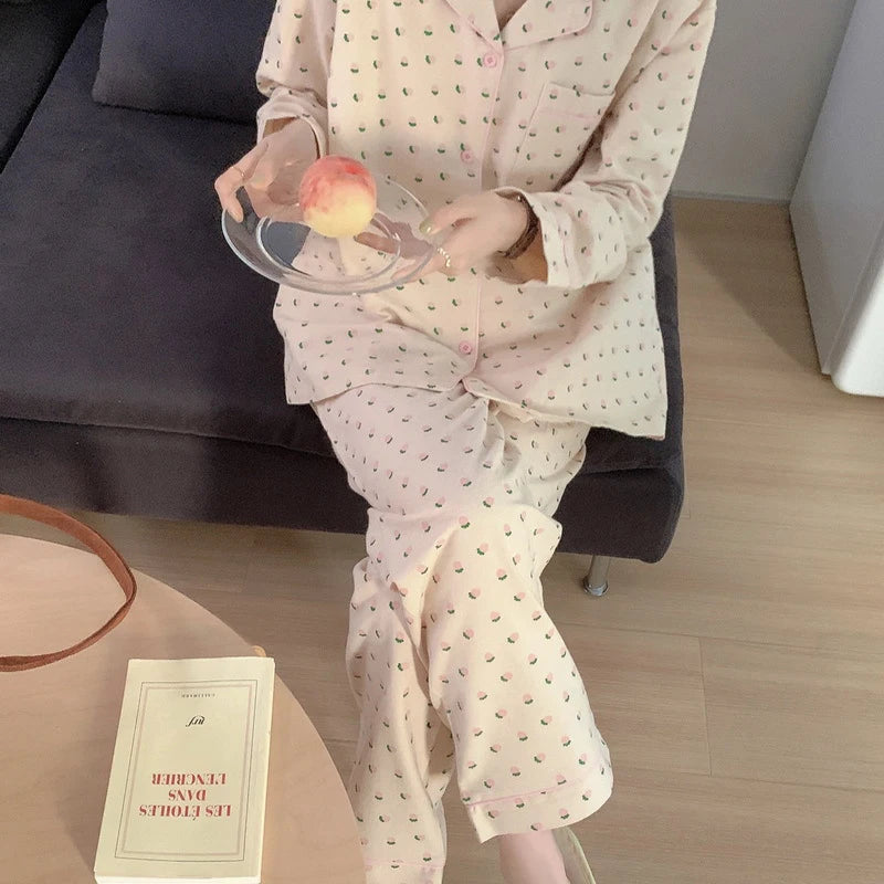 Cotton Sleepwear Korean Pajamas Women Autumn Cute Heart Print Pyjamas Long Sleeve Pijama Female Set Negligee Cardigan Suit