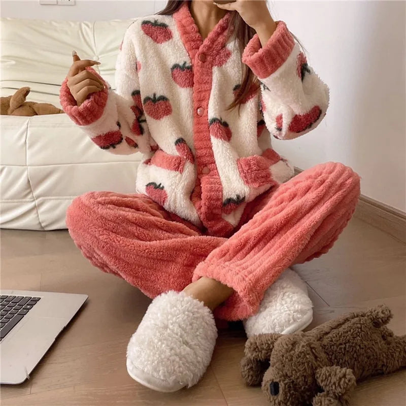 Women Pyjamas Sets 2023 Autumn Winter Warm Flannel Thick Homewear Long Sleeve Cartoon Sleepwear Female Pajamas Suit