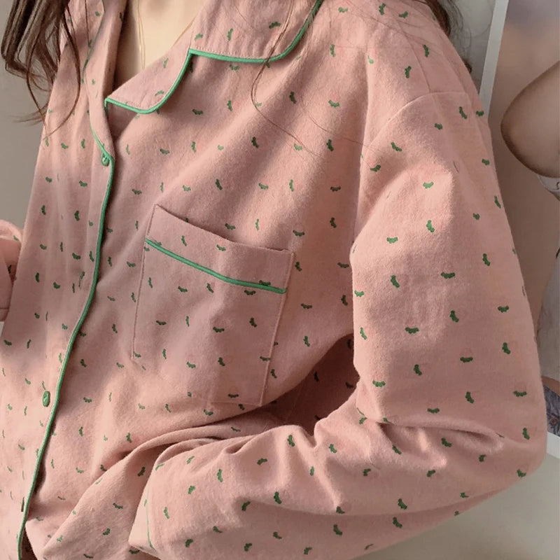 Cotton Sleepwear Korean Pajamas Women Autumn Cute Heart Print Pyjamas Long Sleeve Pijama Female Set Negligee Cardigan Suit