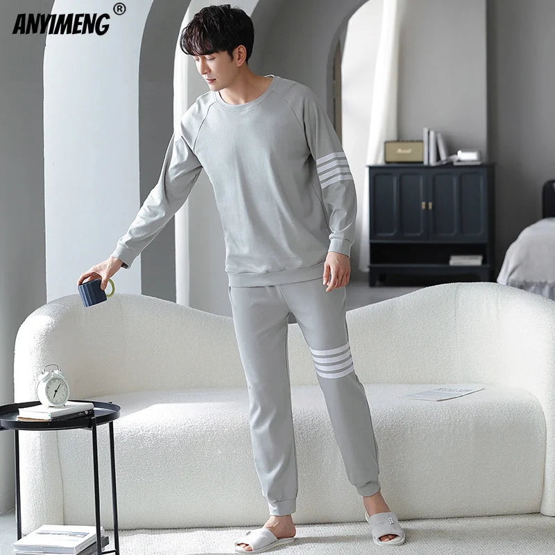 5xl 6xl Plus Size Big Pajamas Set Fat Man Long Sleeved Pullover Sporty Home Suits Knitted Cotton Sleepwear Father's Pyjama Homme