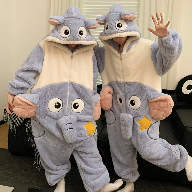 Kigurumis Elephant Women Men Pajamas Onesie Couples Jumpsuit Winter Thicken Hooded Pyjamas Bodysuit Festival Funny Homewear