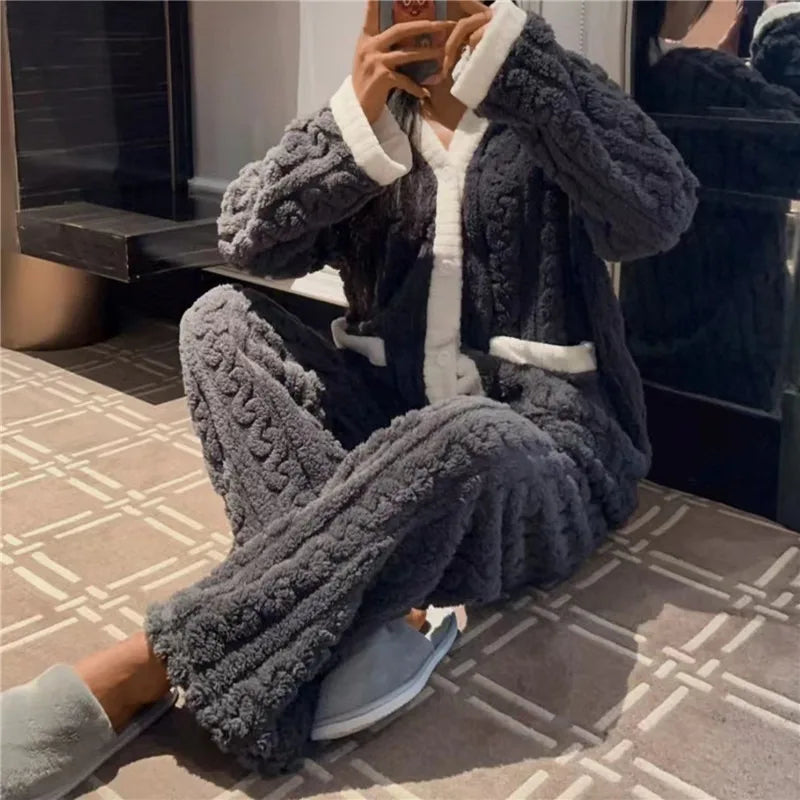 Women Pyjamas Sets 2023 Autumn Winter Warm Flannel Thick Homewear Long Sleeve Cartoon Sleepwear Female Pajamas Suit