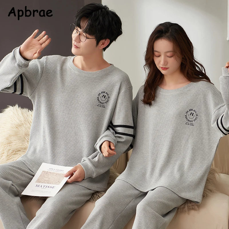 New Autumn Winter Waffle Cotton Pyjamas Long Sleeves Long Pants Pajama Sets Couple Pijamas O-Neck Leisure Sleepwear for Lovers