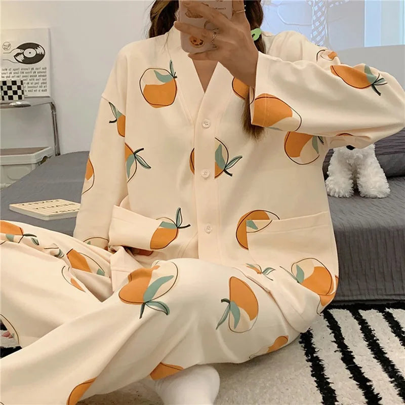 Autumn 2pieces Pyjamas Set Women Thin Sexy Sleepwear Lovely Home Suit 2023 V-Neck Girls Sleepwear long Sleeve Pajamas