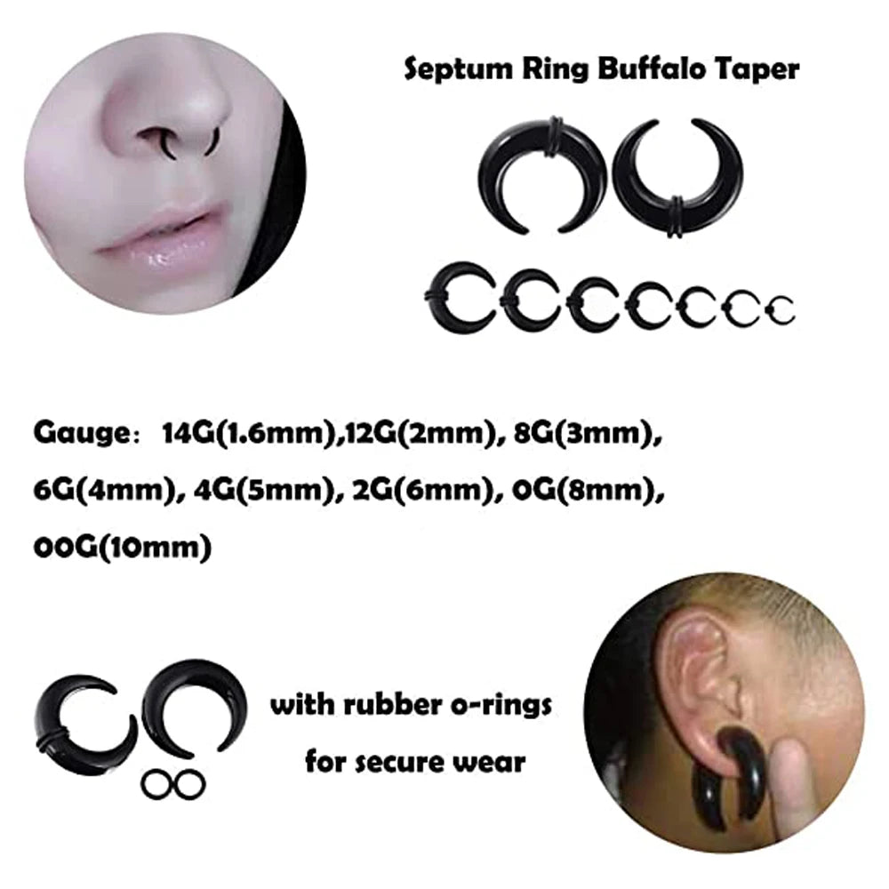 WKOUD 2pcs Acrylic Crescent Shaped Horseshoes Taper Set Pincher Septum Rings Gauges 14G 12G 8G 6G 4G 2G 0G 00G, 8 Black Pairs