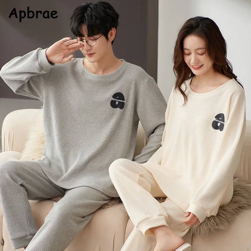 New Autumn Winter Waffle Cotton Pyjamas Long Sleeves Long Pants Pajama Sets Couple Pijamas O-Neck Leisure Sleepwear for Lovers