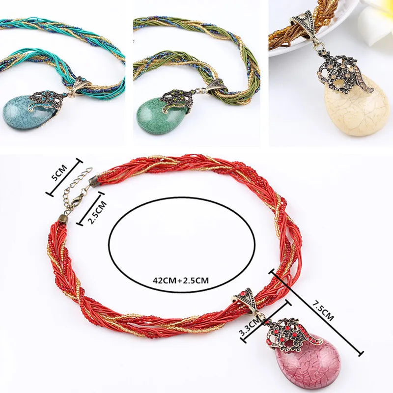 ZOSHI Vintage Necklace For Women Crack Peacock Pendant Necklace Collars Natural Stone Beads Chain Necklace Party Jewelry