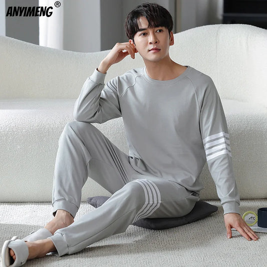 5xl 6xl Plus Size Big Pajamas Set Fat Man Long Sleeved Pullover Sporty Home Suits Knitted Cotton Sleepwear Father's Pyjama Homme