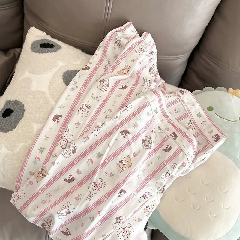 Japanese Sweet Cartoon Cute Cat Striped Pajamas Women's Long Sleeve Spring/Summer New Korean Homewear Satin Silk Pyjamas Suit