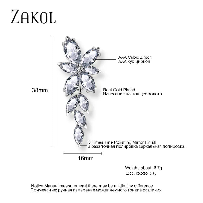 ZAKOL Fashion Leaf Zircon Wedding Earrings for Women White Gold Color Marquise Crystal Bridal Earring Party Jewelry Gift