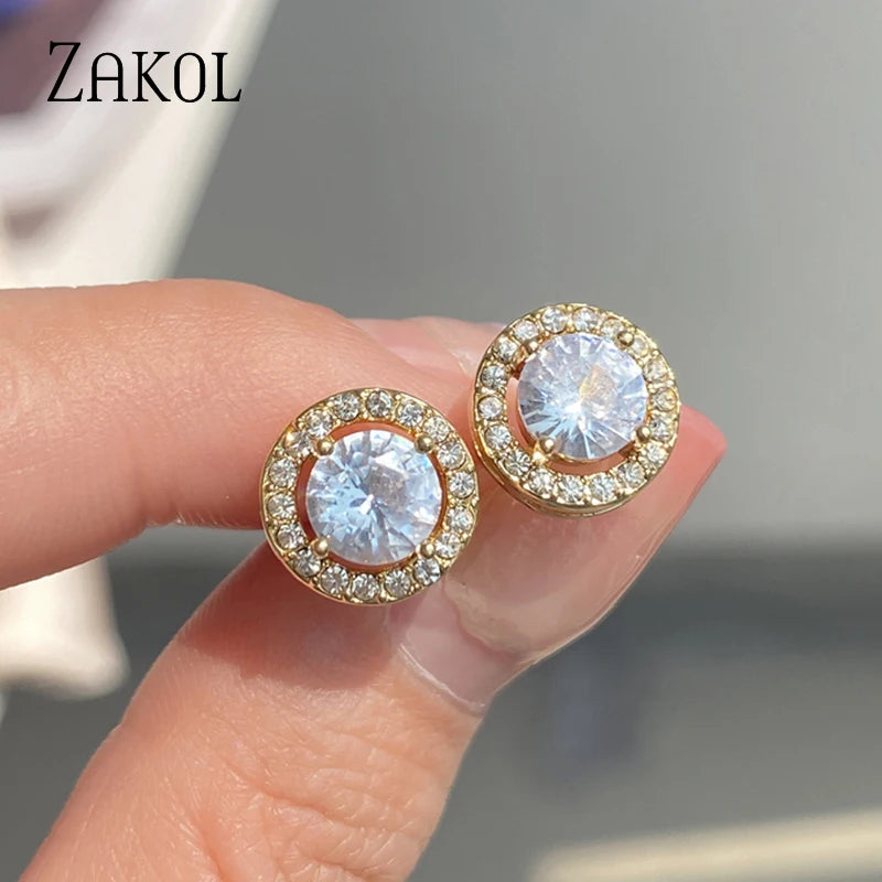 ZAKOL Fashion White Color Hearts & Arrows Stud Earrings For Women Wedding Elegant AAA Zircon Crystal Round Jewelry FSEP038