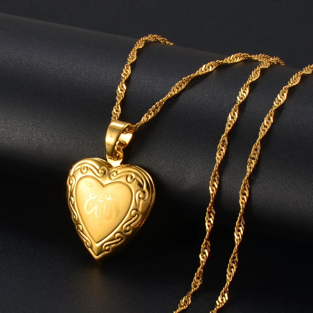 Anniyo Heart Allah Necklace Pendant for Women Muslim  Jewelry Men,Gold Plated Islam Chain Necklaces Prophet Muhammad #202002