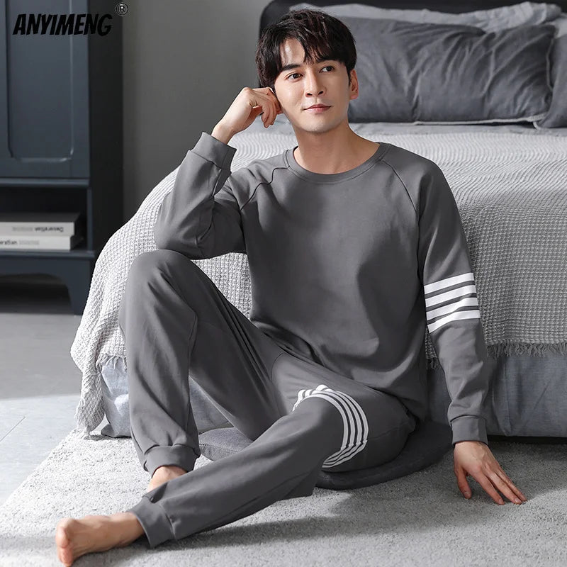 5xl 6xl Plus Size Big Pajamas Set Fat Man Long Sleeved Pullover Sporty Home Suits Knitted Cotton Sleepwear Father's Pyjama Homme