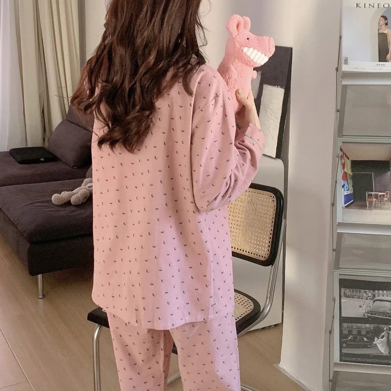 Cotton Sleepwear Korean Pajamas Women Autumn Cute Heart Print Pyjamas Long Sleeve Pijama Female Set Negligee Cardigan Suit