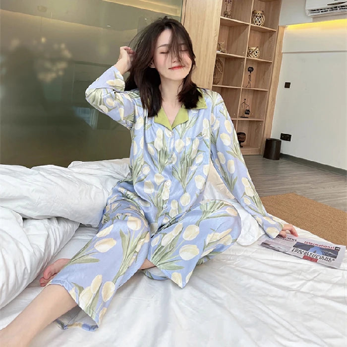 Pajamas Set for Women Luxurious Sweet Satin Pyjamas Woman Elegant Long Sleeve Long Pant Home Wear Ladies Sleepwear Sets