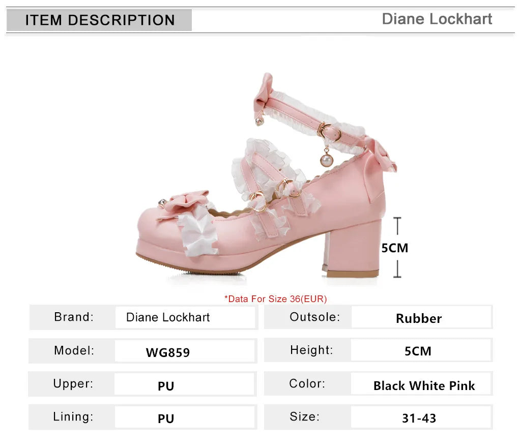 2024 Women High Heels Cross Strap Mary Jane Pumps Party Wedding White Pink Black Ruffles Bow Princess Cosplay Lolita Shoes 31-43