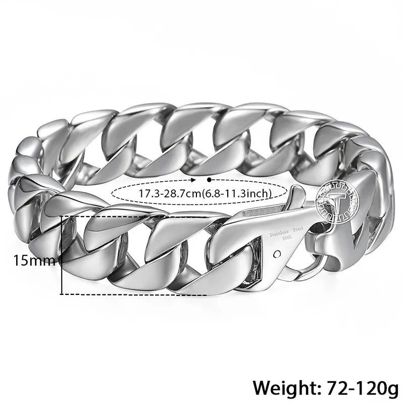 14mm Men's Bracelet Silver Color 316L Stainless Steel Round Curb Cuban Link Chain Bracelets Male Jewelry Gift for Men 8.62"HB164