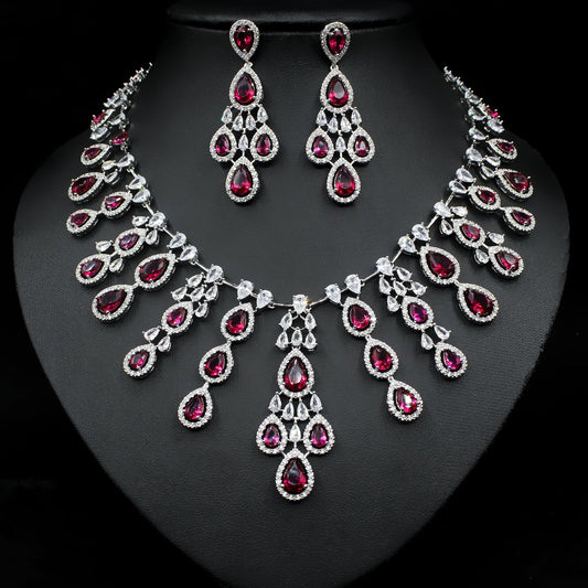 Women's Fashion Atmospheric Water Drop Color Zircon Necklace Earrings Set