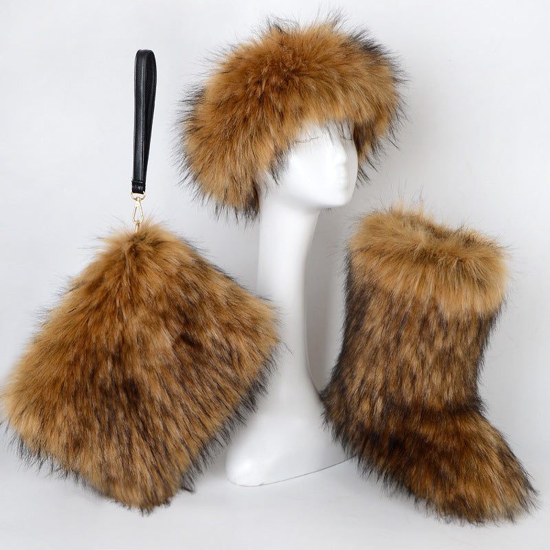 Fur Boots Velvet Padded Plus Size Imitation Fox Fur Fur Women's Snow Boots Three-piece Set