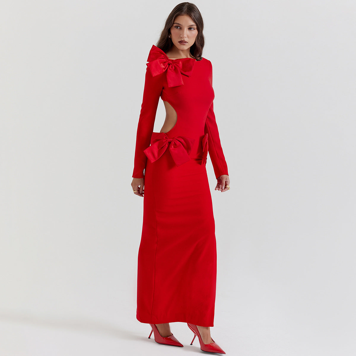 Long Sleeve Backless Bow Split Dress Red Dress