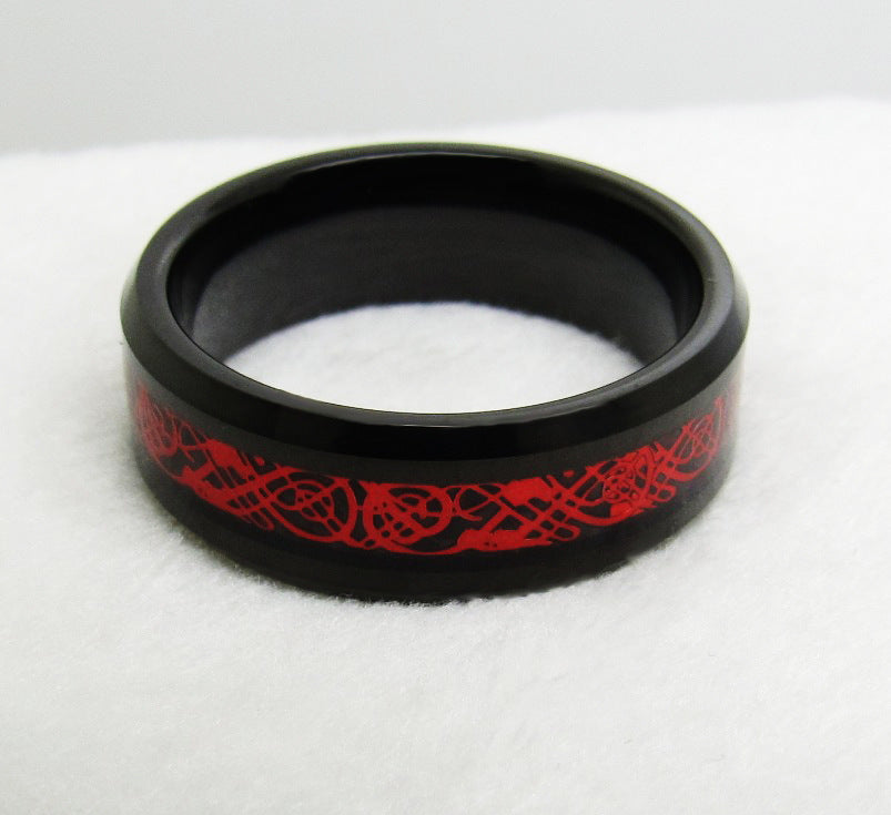 Tungsten Gold Ring Men's Chamfering Electric Black Inlaid Black Red Dragon Fashion Popular European And American Jewelry