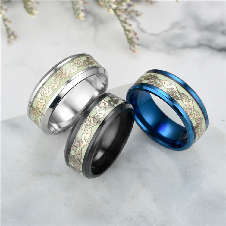 European And American New Hot Titanium Steel Fluorescent Double Dragon Ring Luminous Double Dragon Stainless Steel Jewelry Factory Direct Sales Wholesale