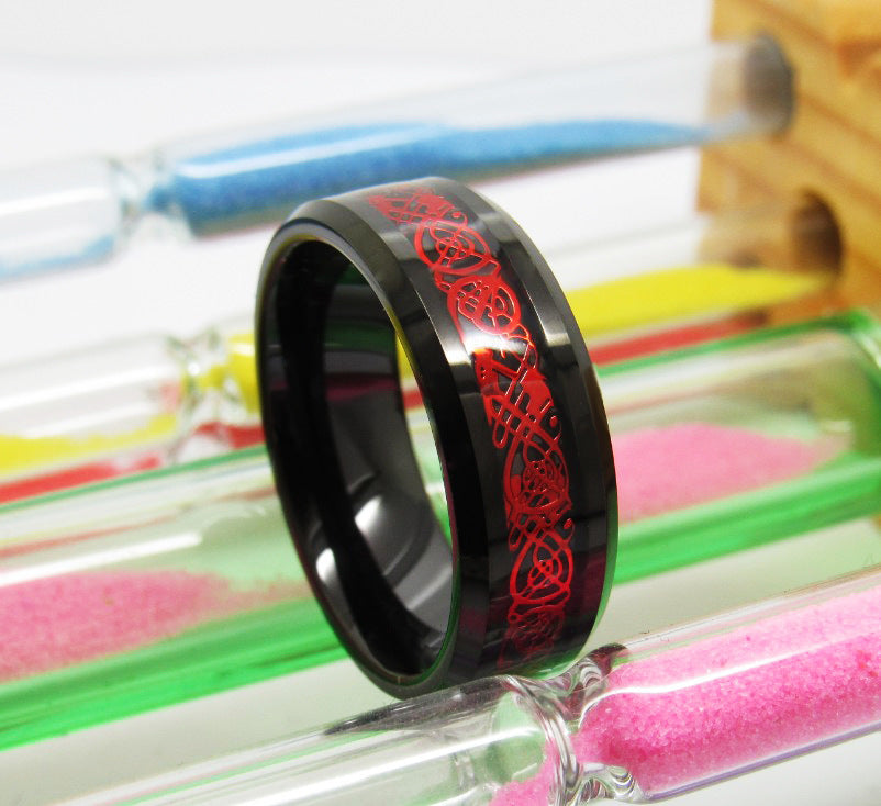 Tungsten Gold Ring Men's Chamfering Electric Black Inlaid Black Red Dragon Fashion Popular European And American Jewelry